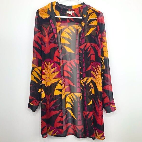 Nieves Lavi 100% Silk Black Red Yellow Tribal Tropical Semi Sheer Tunic Blouse - Picture 2 of 12